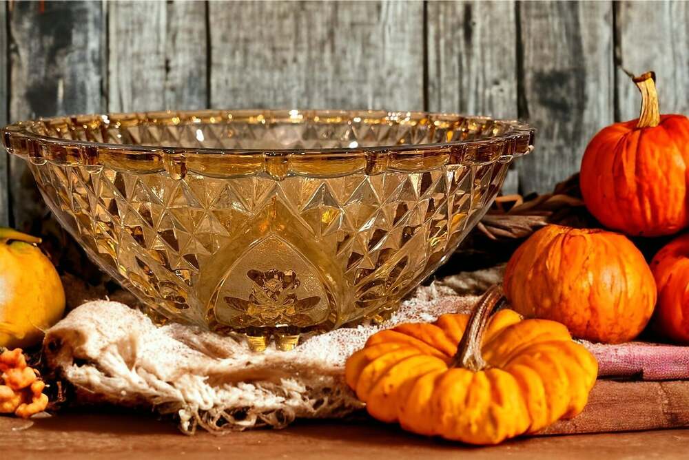 Vintage Amber Depression Glass KIG Fluer De Lis & Roses Footed 10" Bowl Cabbage